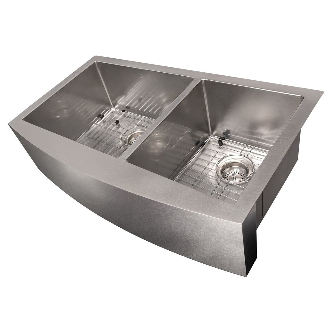 ZLINE 36 in. Courchevel Farmhouse Apron Mount Double Bowl Satin Stainless Steel Kitchen Sink with Bottom Grid (SA60D-36S)