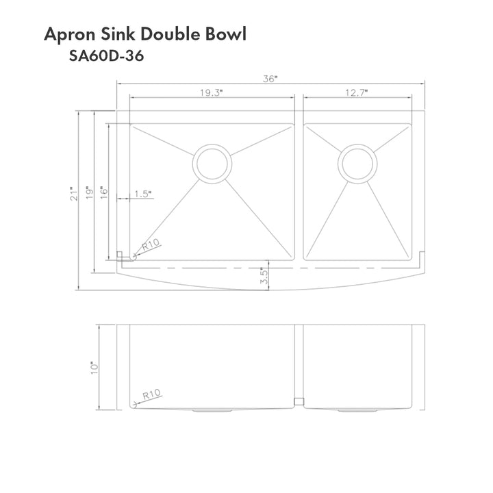 ZLINE 36 in. Courchevel Farmhouse Apron Mount Double Bowl Stainless Steel Kitchen Sink with Bottom Grid (SA60D-36)