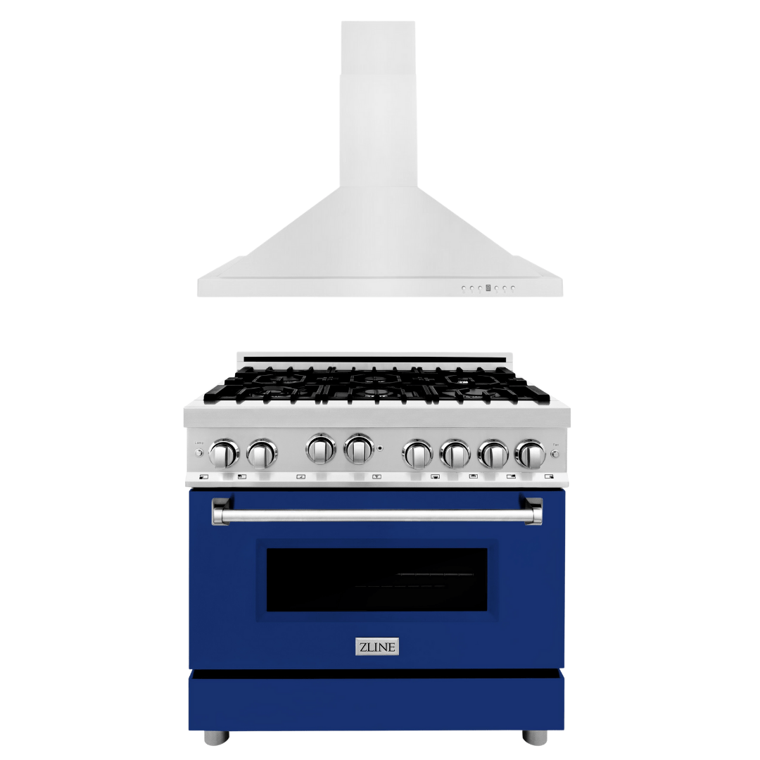ZLINE 36 in. Gas Range with Blue Gloss Door & 36 in. Range Hood Appliance Package, 2KP-RGBGRH36