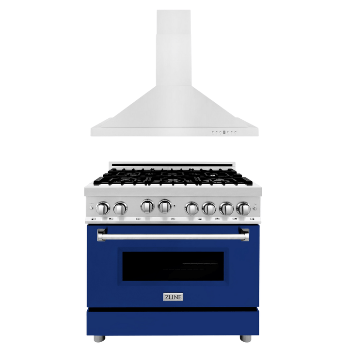 ZLINE 36 in. Gas Range with Blue Gloss Door & 36 in. Range Hood Appliance Package, 2KP-RGBGRH36