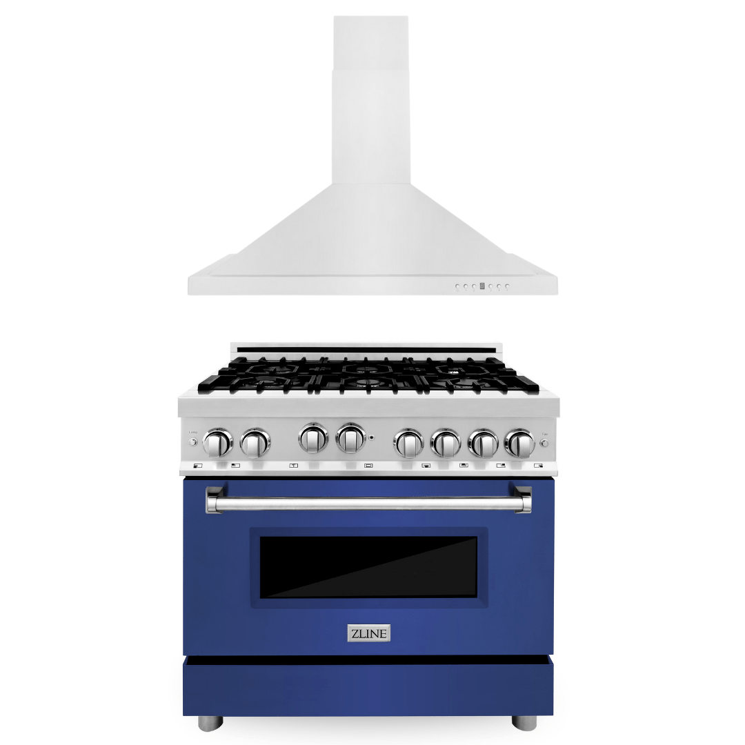 ZLINE 36 in. Gas Range with Blue Matte Door & 36 in. Range Hood Appliance Package, 2KP-RGBMRH36