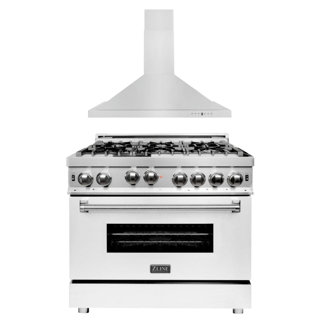 ZLINE 36 in. Gas Range with White Matte Door & 36 in. Range Hood Appliance Package, 2KP-RGWMRH36
