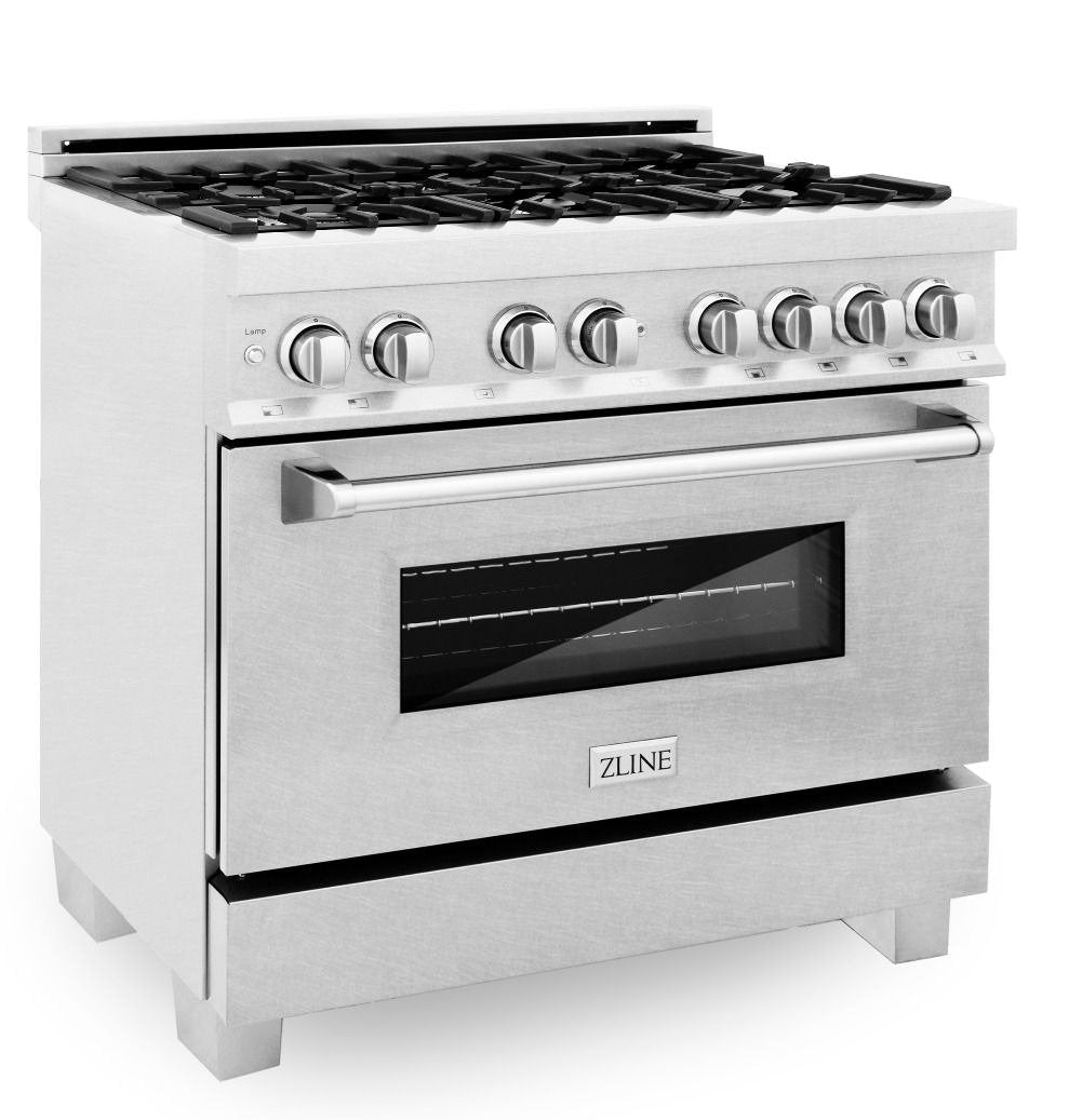 ZLINE 36 in. Kitchen Appliance Package with DuraSnow® Stainless Dual Fuel Range, Ducted Vent Range Hood and Dishwasher, 3KP-RASRH36-DW