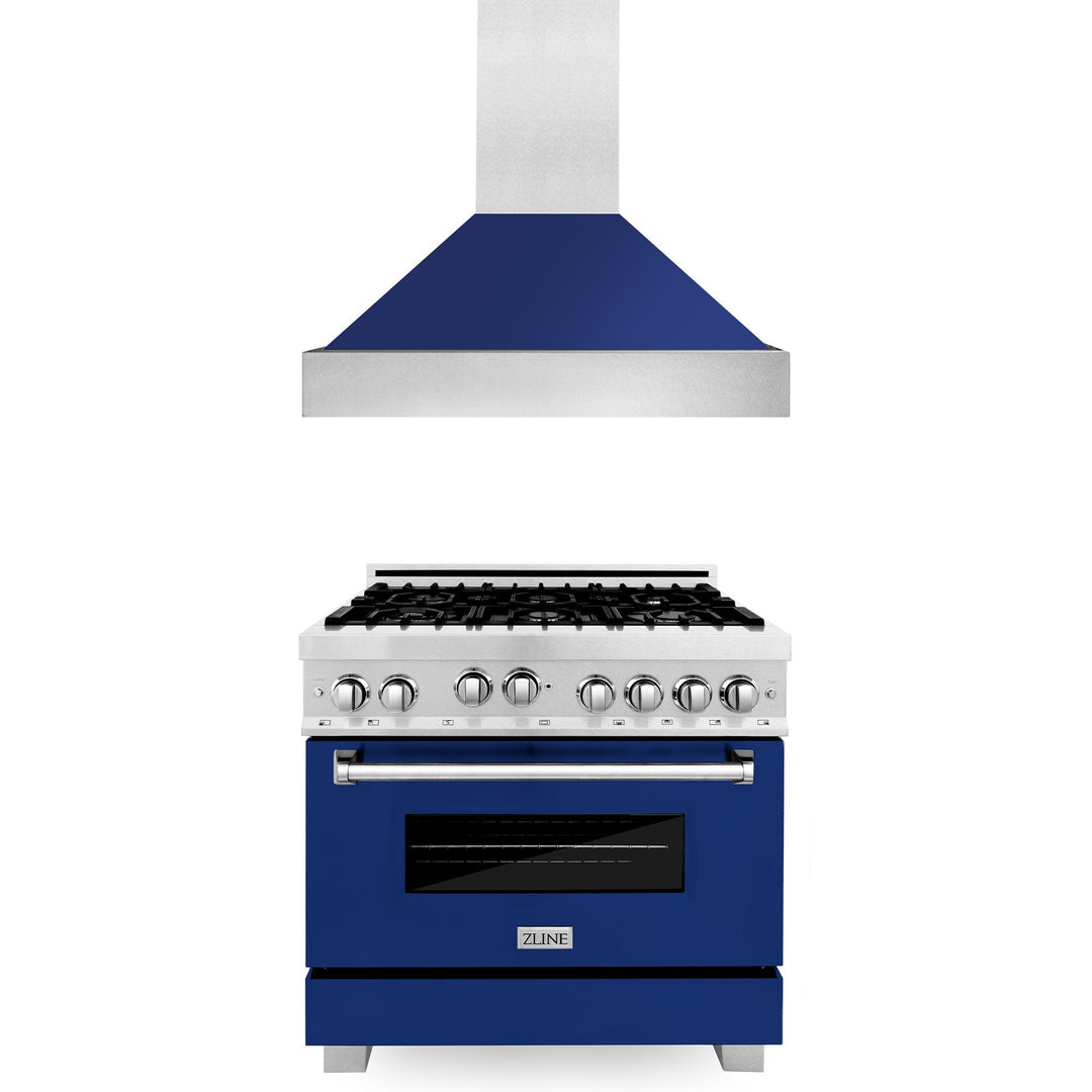 ZLINE 36 in. Kitchen Package with Satin Stainless Steel Gas Range with Blue Gloss Door and Convertible Vent Range Hood (2KP-RGSBGRH36)