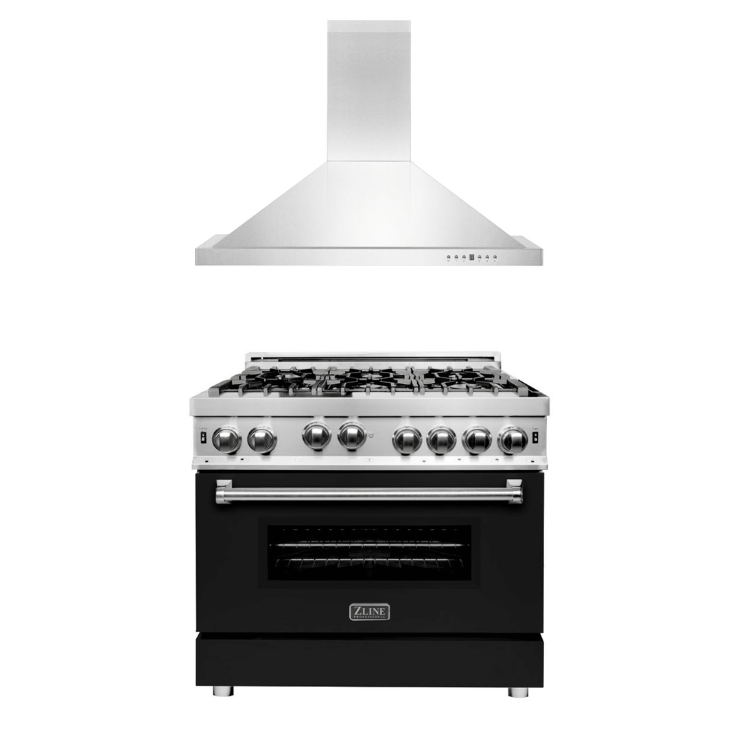 ZLINE 36 in. Kitchen Package with Stainless Steel Gas Range with Black Matte Door and Convertible Vent Range Hood (2KP-RGBLMRH36)