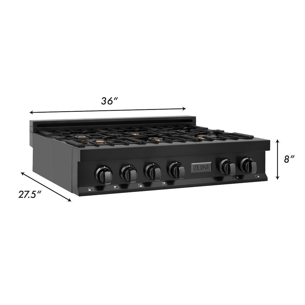 ZLINE 36 in. Legacy Gas Rangetop with 6 Brass Burners and Porcelain Cooktop in Black Stainless Steel (RTB-BR-36)