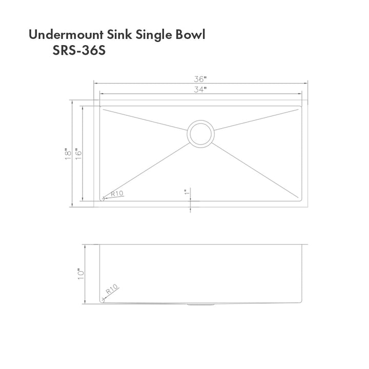ZLINE 36 in. Meribel Undermount Single Bowl Satin Stainless Steel Kitchen Sink with Bottom Grid (SRS-36S)