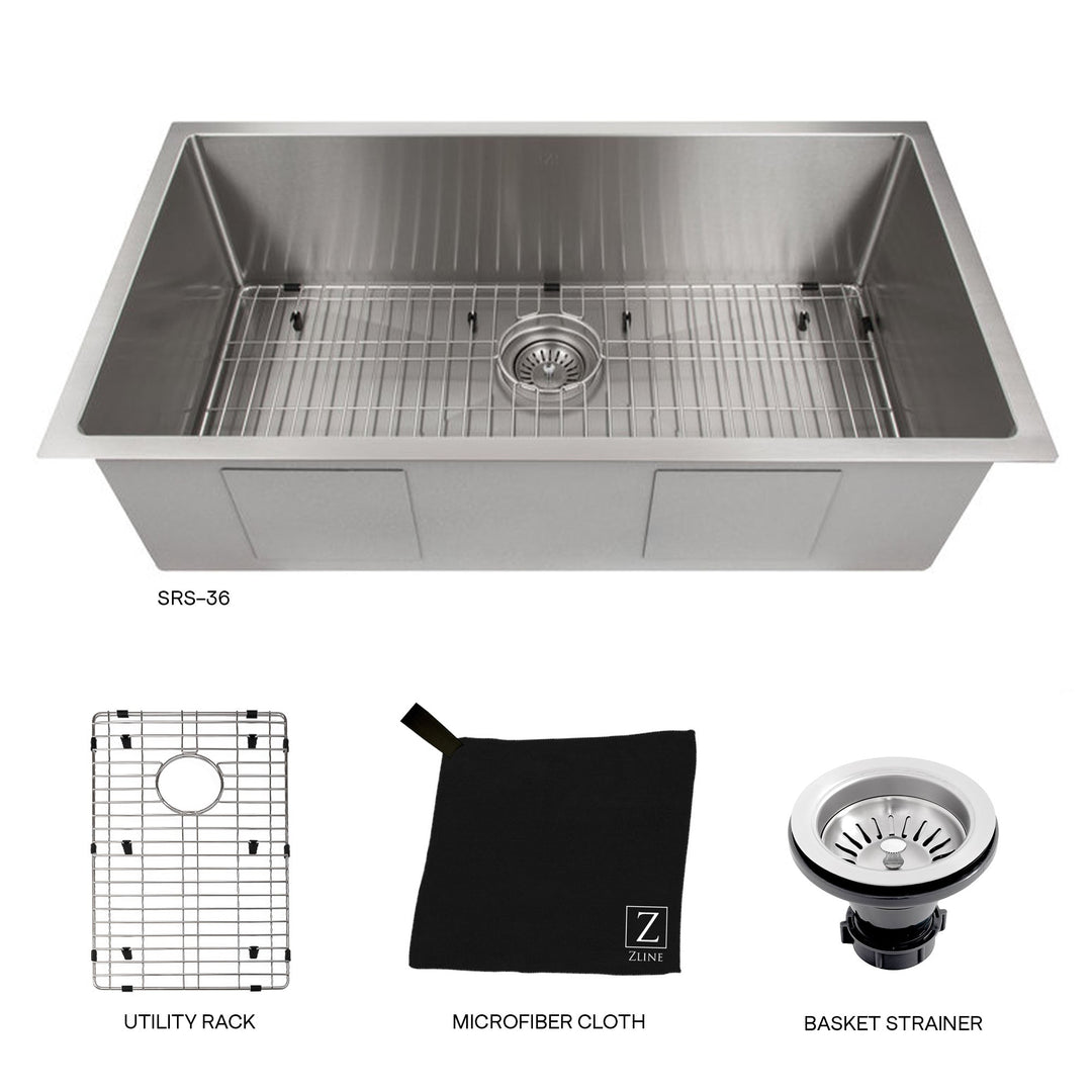 ZLINE 36 in. Meribel Undermount Single Bowl Stainless Steel Kitchen Sink with Bottom Grid (SRS-36)