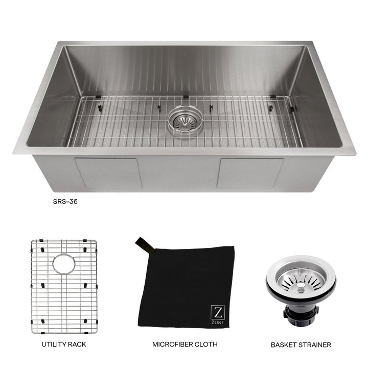 ZLINE 36 in. Meribel Undermount Single Bowl Stainless Steel Kitchen Sink with Bottom Grid (SRS-36)
