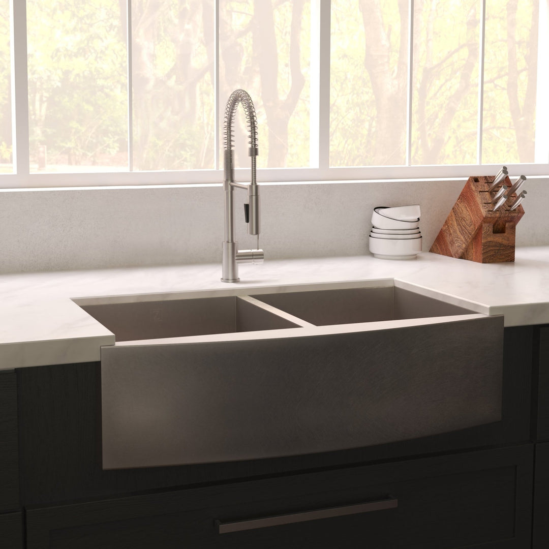 ZLINE 36 in. Niseko Farmhouse Apron Mount Double Bowl Satin Stainless Steel Kitchen Sink with Bottom Grid (SA50D-36S)