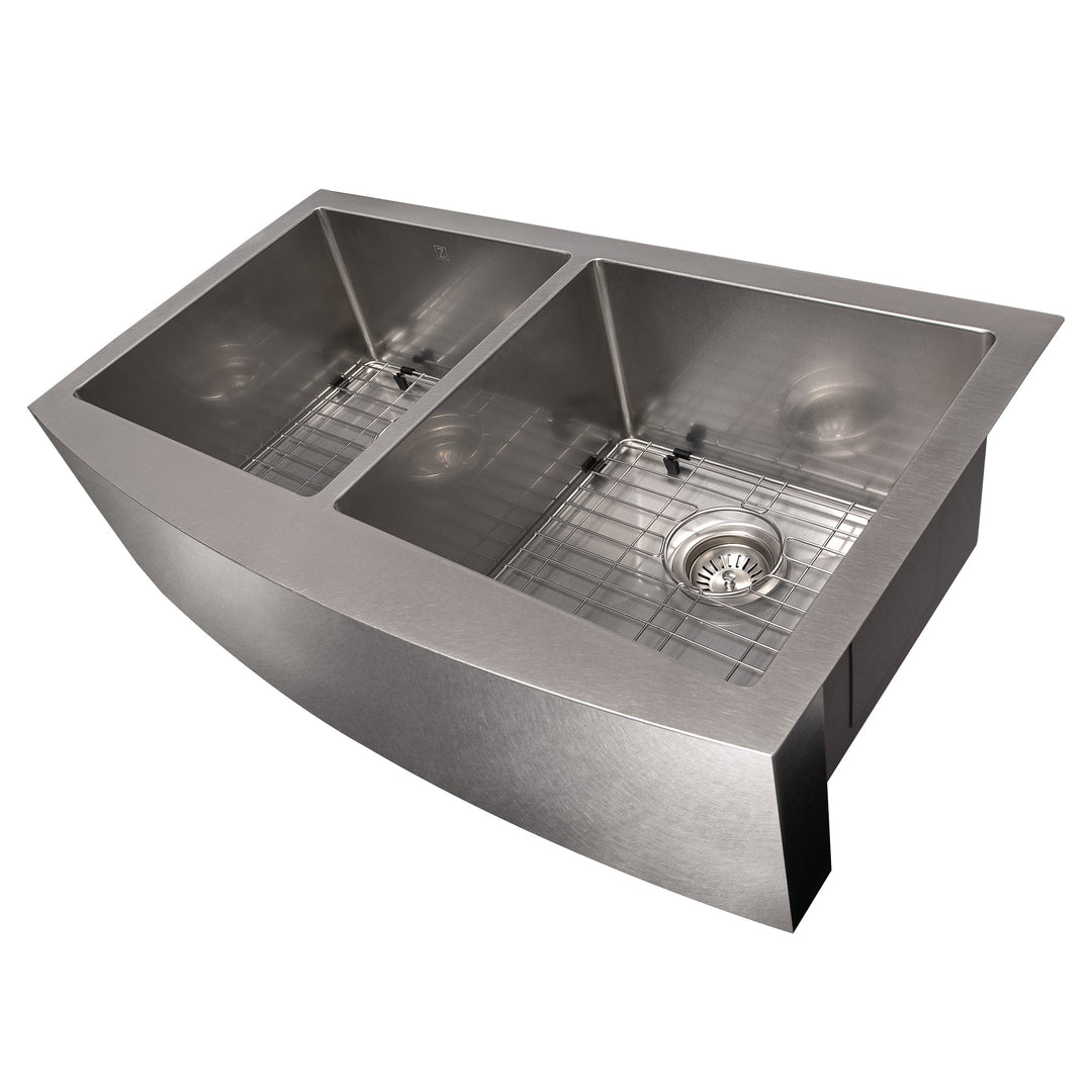 ZLINE 36 in. Niseko Farmhouse Apron Mount Double Bowl Satin Stainless Steel Kitchen Sink with Bottom Grid (SA50D-36S)