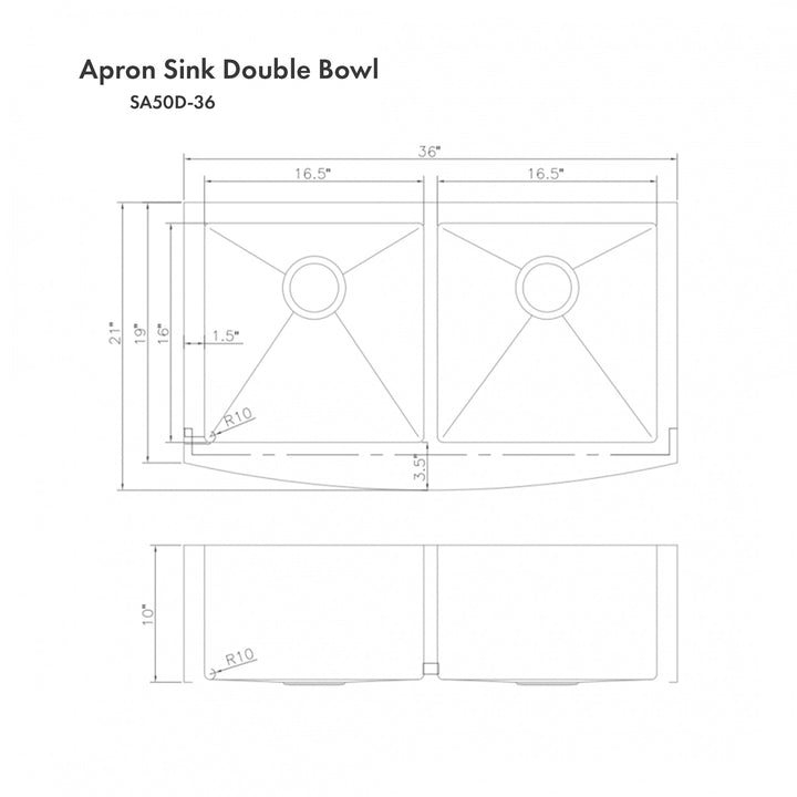 ZLINE 36 in. Niseko Farmhouse Apron Mount Double Bowl Stainless Steel Kitchen Sink with Bottom Grid (SA50D-36)