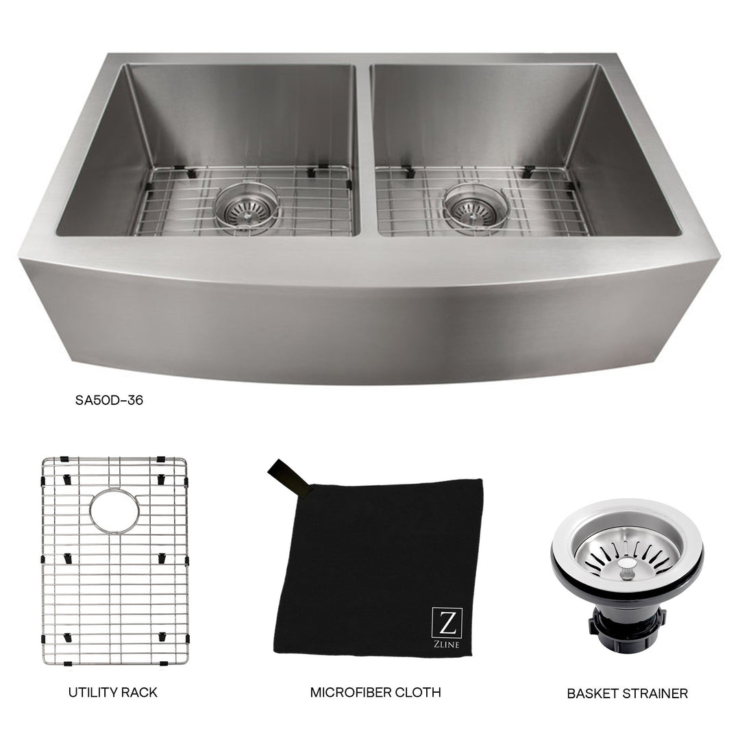 ZLINE 36 in. Niseko Farmhouse Apron Mount Double Bowl Stainless Steel Kitchen Sink with Bottom Grid (SA50D-36)