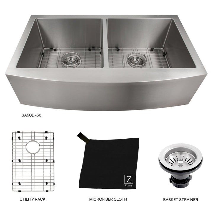 ZLINE 36 in. Niseko Farmhouse Apron Mount Double Bowl Stainless Steel Kitchen Sink with Bottom Grid (SA50D-36)