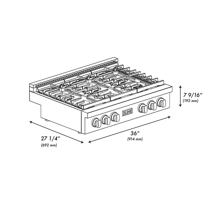 ZLINE 36 in. Paramount Gas Rangetop with 6 Brass Burners and Porcelain Cooktop in Black Satin Stainless Steel (SRTBS-BR-36)