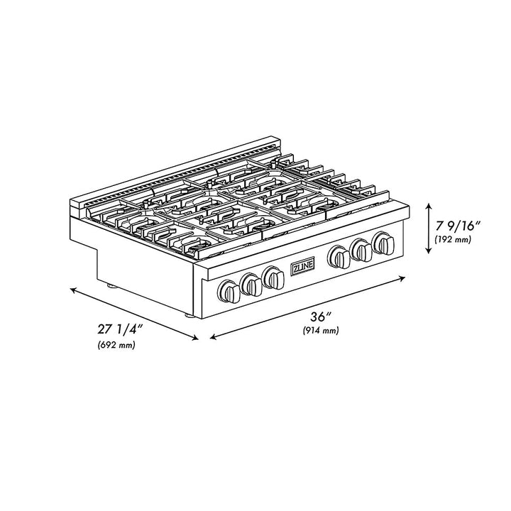 ZLINE 36 in. Paramount Gas Rangetop with 6 Burner DuoProâ„¢ Cooktop in Black Satin Stainless Steel (PSRTBS-36)