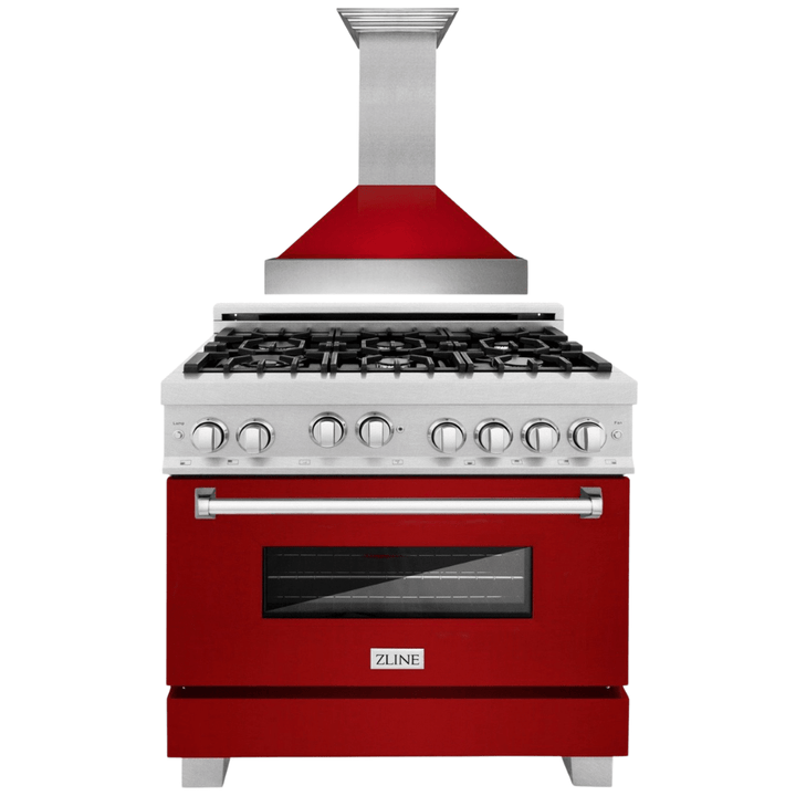 ZLINE 36" Professional Gas Range in DuraSnow® with Red Gloss Door & 36" Range Hood Appliance Package, 2KP-RGSRGRH36