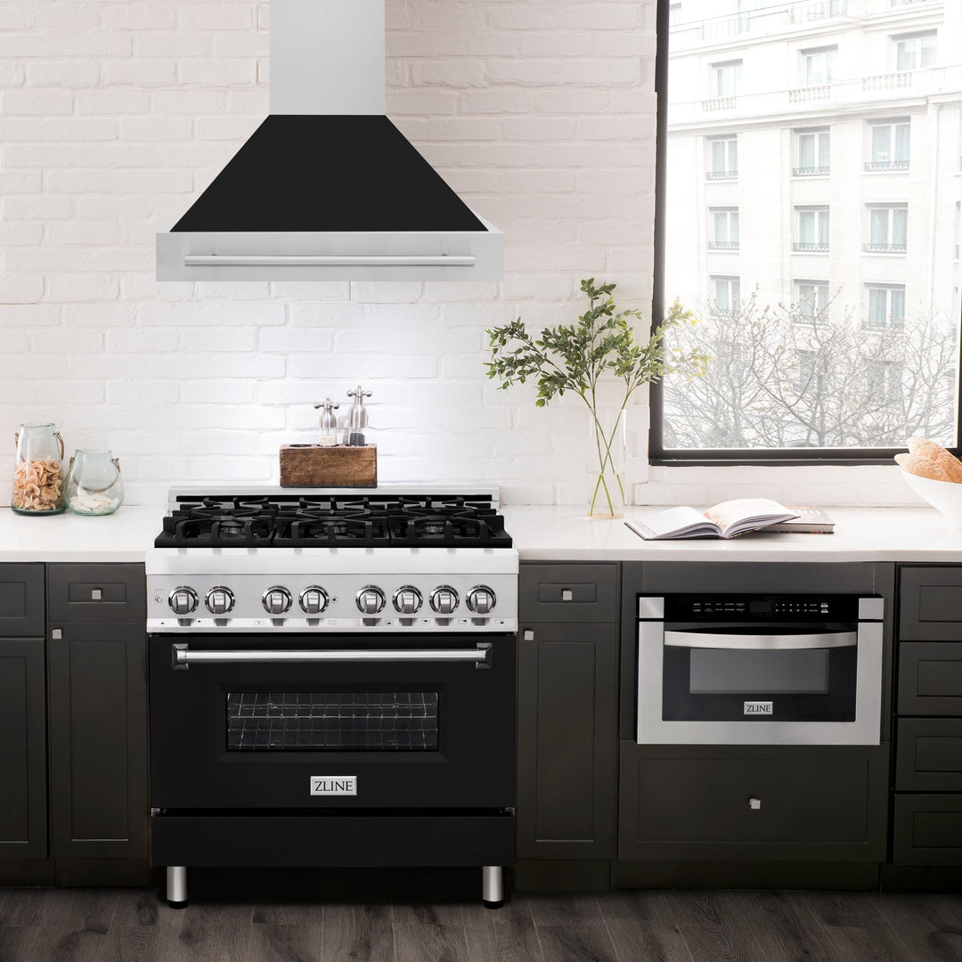 ZLINE 36" Stainless Steel Range Hood with Black Matte Shell and Stainless Steel Handle (8654STX-BLM-36)