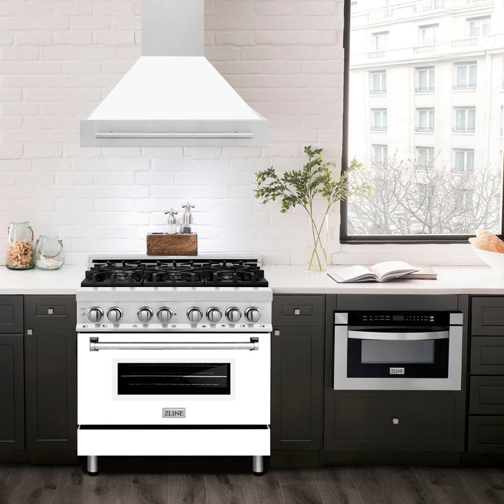 ZLINE 36" Stainless Steel Range Hood with White Matte Shell and Stainless Steel Handle (8654STX-WM-36)
