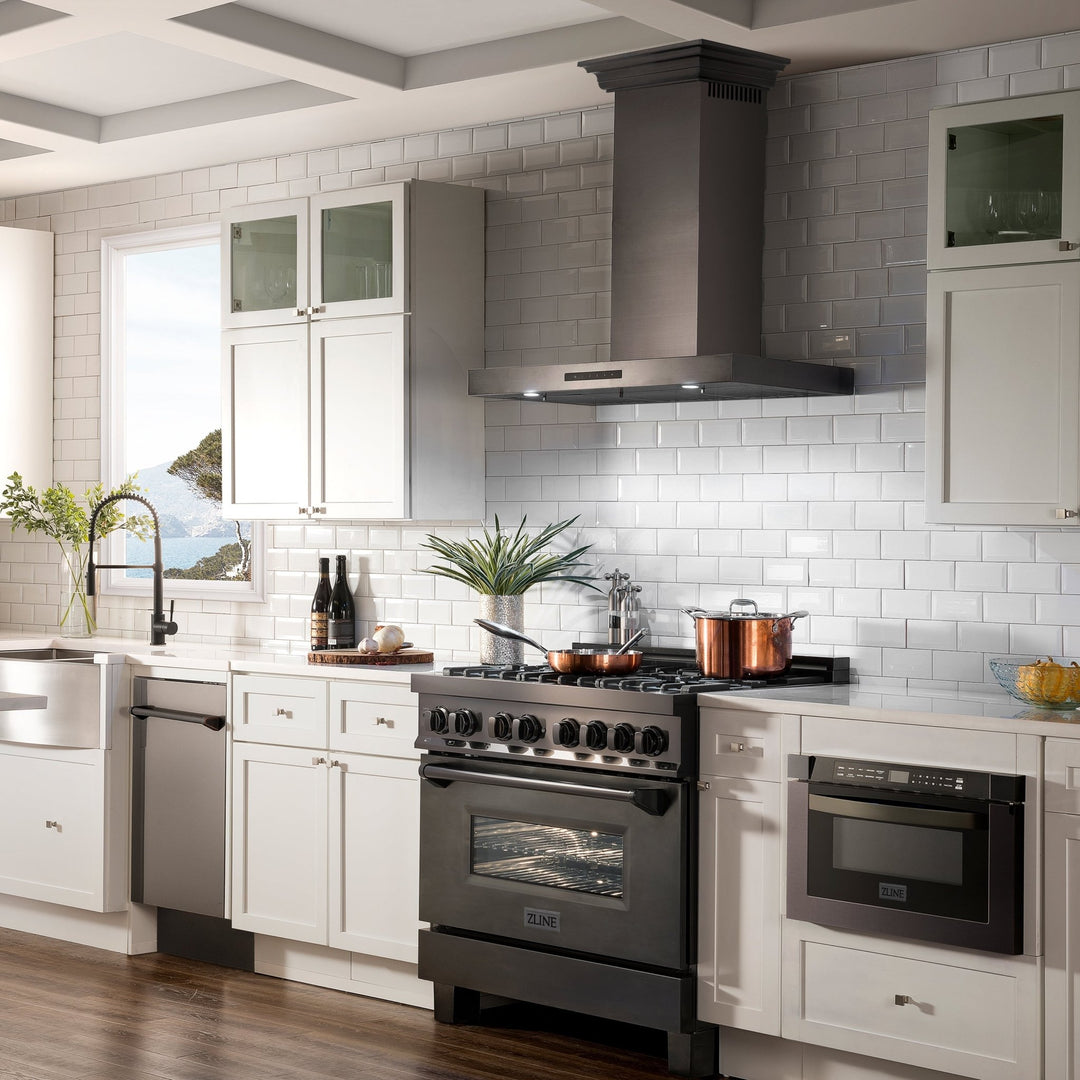 ZLINE 42" Convertible Vent Wall Mount Range Hood in Black Stainless Steel with Crown Molding (BSKBNCRN-42)
