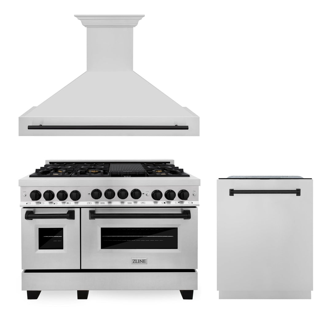 ZLINE 48" Autograph Edition Kitchen Package with Stainless Steel Gas Range, Range Hood and Dishwasher with Matte Black Accents (3AKPR-RGRH48-MB)