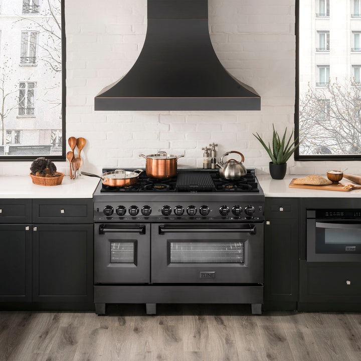 ZLINE 48 in. 6.0 cu. ft. Legacy Dual Fuel Range with 7 Burner Gas Cooktop and 2 Electric Ovens in Black Stainless Steel (RAB-48)
