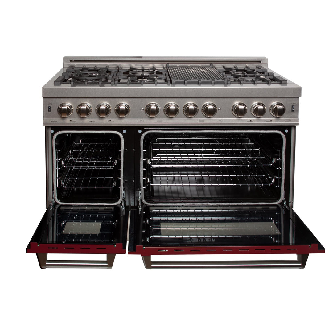 ZLINE 48 in. 6.0 cu. ft. Legacy Dual Fuel Range with 7 Burner Gas Cooktop and 2 Electric Ovens in Satin Stainless Steel and Red Gloss Doors (RAS-RG-48)