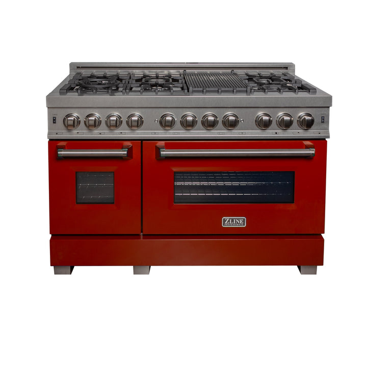 ZLINE 48 in. 6.0 cu. ft. Legacy Dual Fuel Range with 7 Burner Gas Cooktop and 2 Electric Ovens in Satin Stainless Steel and Red Gloss Doors (RAS-RG-48)