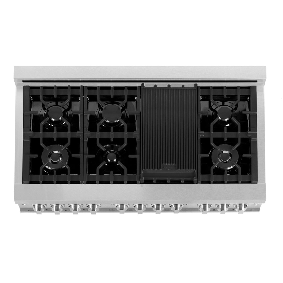 ZLINE 48 in. 6.0 cu. ft. Legacy Dual Fuel Range with 7 Burner Gas Cooktop and 2 Electric Ovens in Satin Stainless Steel and Red Matte Doors (RAS-RM-48)