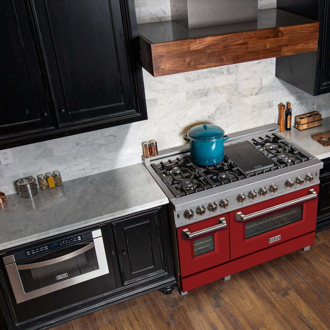 ZLINE 48 in. 6.0 cu. ft. Legacy Dual Fuel Range with 7 Burner Gas Cooktop and 2 Electric Ovens in Satin Stainless Steel and Red Matte Doors (RAS-RM-48)