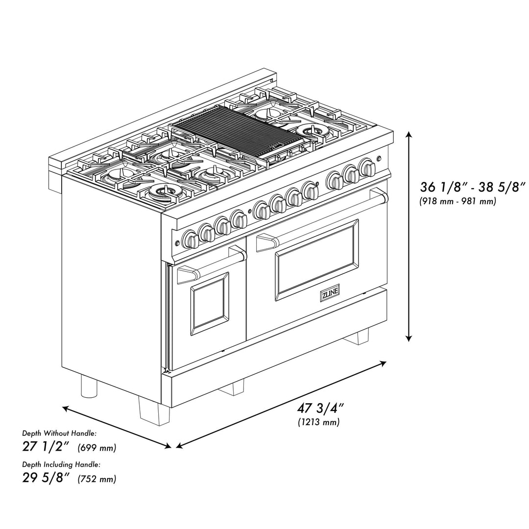 ZLINE 48 in. 6.0 cu. ft. Legacy Dual Fuel Range with 7 Burner Gas Cooktop and 2 Electric Ovens in Satin Stainless Steel with White Matte Doors and Griddle (RAS-WM-GR-48)