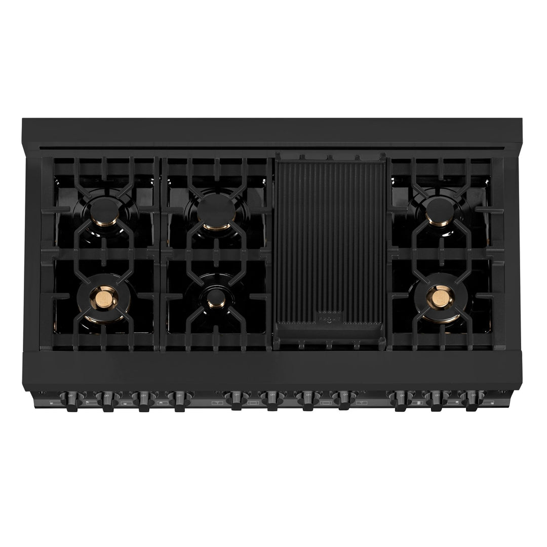ZLINE 48 in. 6.0 cu. ft. Legacy Dual Fuel Range with Gas Cooktop and 2 Electric Ovens in Black Stainless Steel with 6 Brass Burners (RAB-BR-48)