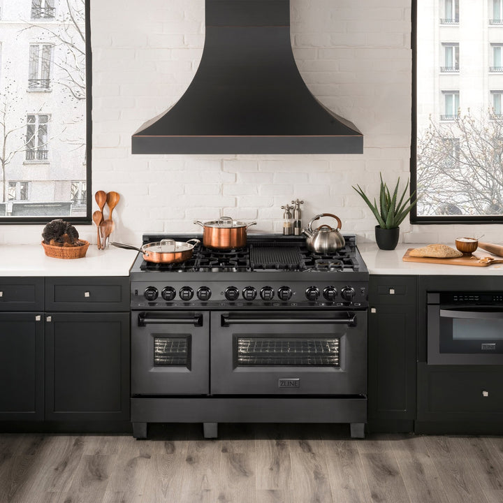 ZLINE 48 in. 6.0 cu. ft. Legacy Dual Fuel Range with Gas Cooktop and 2 Electric Ovens in Black Stainless Steel with 6 Brass Burners (RAB-BR-48)