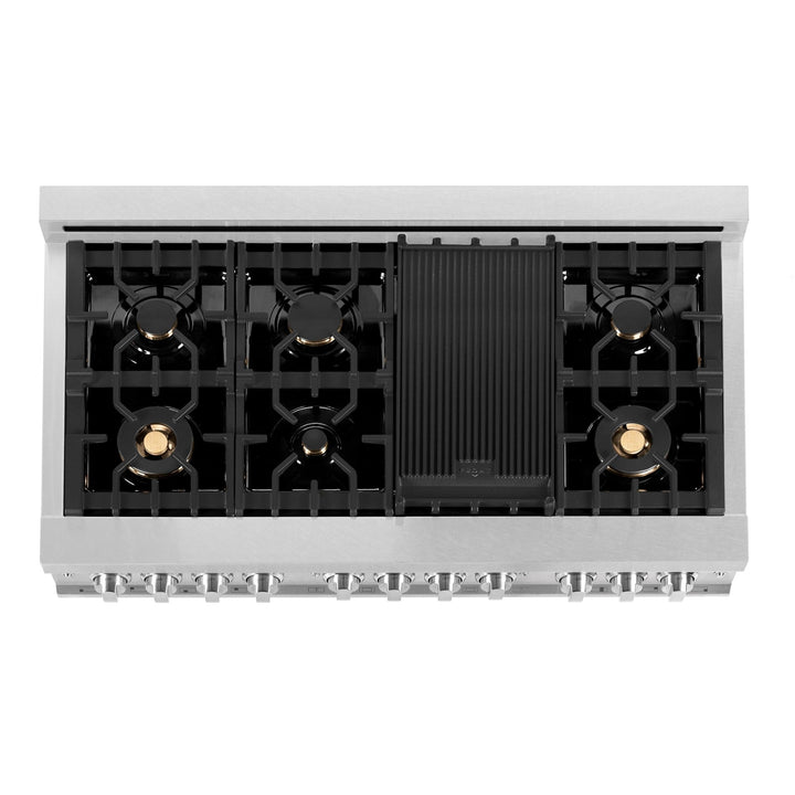 ZLINE 48 in. 6.0 cu. ft. Legacy Dual Fuel Range with Gas Cooktop and 2 Electric Ovens in Satin Stainless Steel with 6 Brass Burners and Griddle (RAS-SN-BR-GR-48)