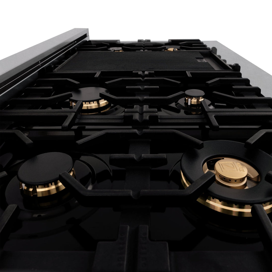 ZLINE 48 in. 6.0 cu. ft. Legacy Dual Fuel Range with Gas Cooktop and 2 Electric Ovens in Satin Stainless Steel with 6 Brass Burners (RAS-SN-BR-48)