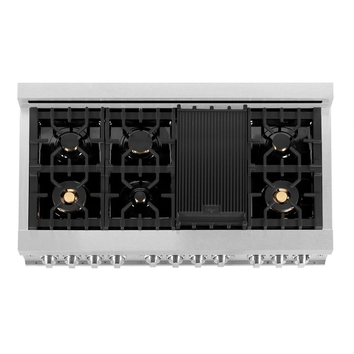 ZLINE 48 in. 6.0 cu. ft. Legacy Dual Fuel Range with Gas Cooktop and 2 Electric Ovens in Satin Stainless Steel with 6 Brass Burners (RAS-SN-BR-48)