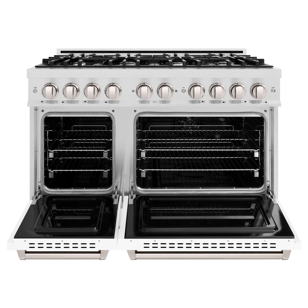 ZLINE 48 in. 6.7 cu. ft. Classic Double Oven Gas Range with 8 Burner Cooktop in Satin Stainless Steel with White Matte Doors (CGRS-WM-48)