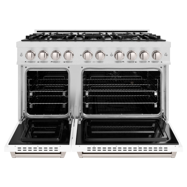 ZLINE 48 in. 6.7 cu. ft. Classic Double Oven Gas Range with 8 Burner Cooktop in Satin Stainless Steel with White Matte Doors (CGRS-WM-48)