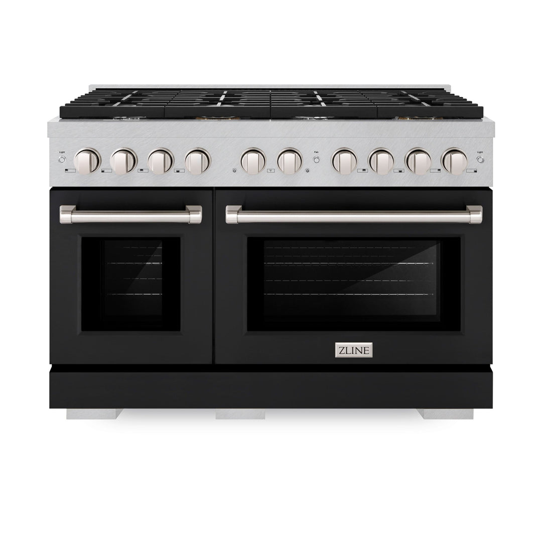 ZLINE 48 in. 6.7 cu. ft. Paramount Double Oven Dual Fuel Range with 8 Burner Gas Cooktop in Satin Stainless Steel with Black Matte Doors (SDRS-BLM-48)