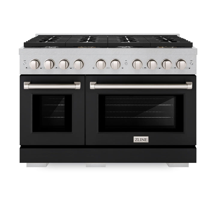 ZLINE 48 in. 6.7 cu. ft. Paramount Double Oven Dual Fuel Range with 8 Burner Gas Cooktop in Satin Stainless Steel with Black Matte Doors (SDRS-BLM-48)