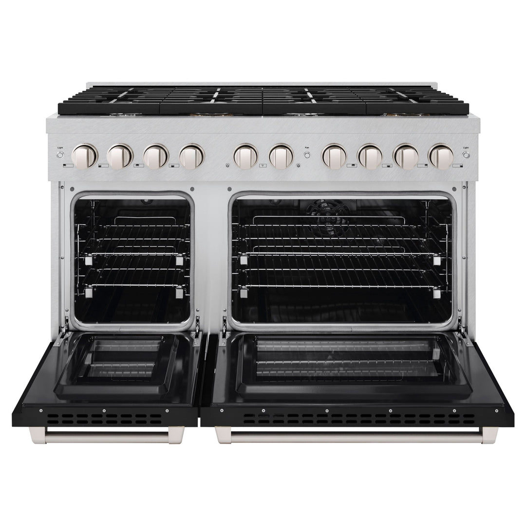 ZLINE 48 in. 6.7 cu. ft. Paramount Double Oven Dual Fuel Range with 8 Burner Gas Cooktop in Satin Stainless Steel with Black Matte Doors (SDRS-BLM-48)