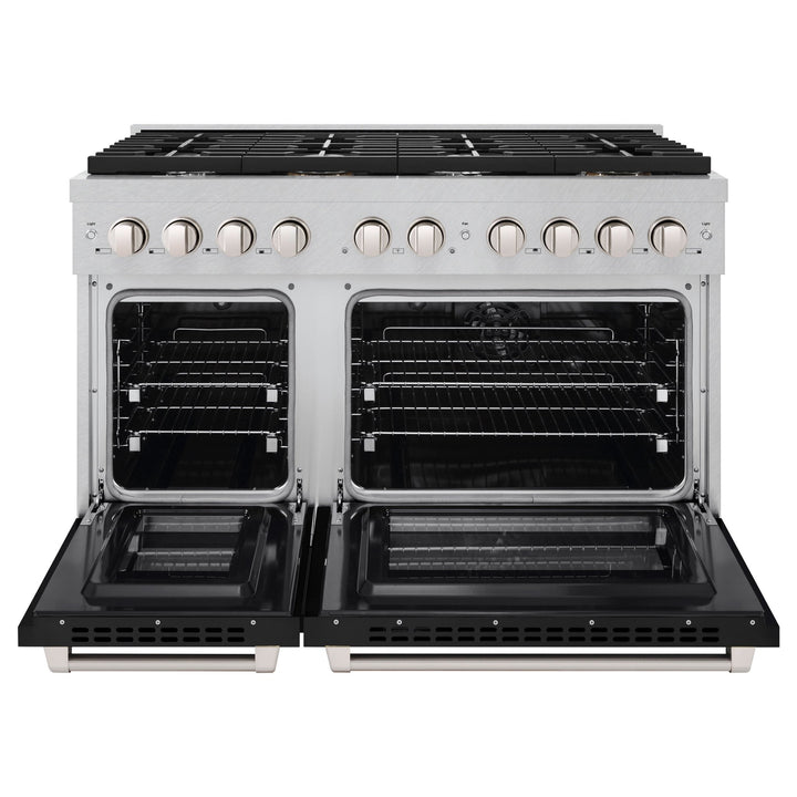 ZLINE 48 in. 6.7 cu. ft. Paramount Double Oven Dual Fuel Range with 8 Burner Gas Cooktop in Satin Stainless Steel with Black Matte Doors (SDRS-BLM-48)