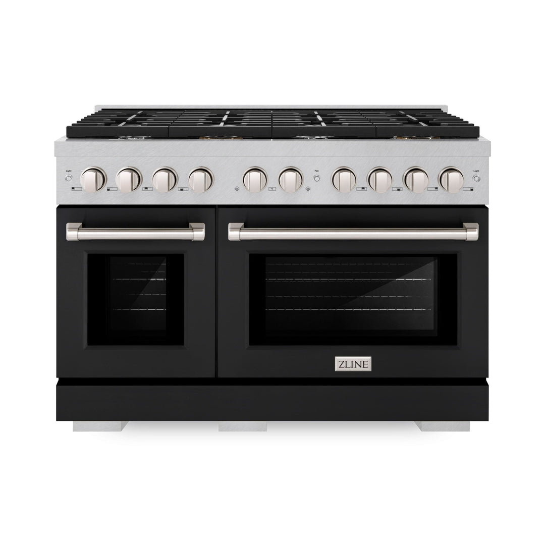 ZLINE 48 in. 6.7 cu. ft. Paramount Double Oven Dual Fuel Range with 8 Burner Gas Cooktop in Satin Stainless Steel with Black Matte Doors (SDRS-BLM-48)