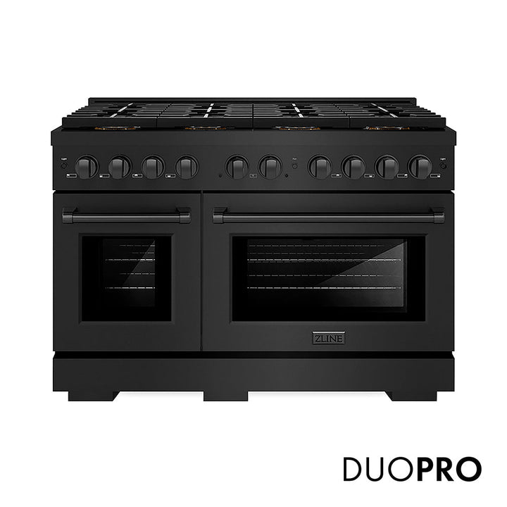 ZLINE 48 in. 6.7 cu. ft. Paramount Dual Fuel Range with 8 Burner DuoProâ„¢ Cooktop and Dual Ovens in Black Stainless Steel (PSDRB-48)