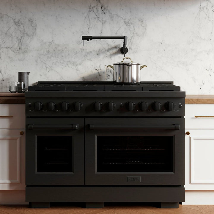 ZLINE 48 in. 6.7 cu. ft. Paramount Dual Fuel Range with 8 Burner DuoProâ„¢ Cooktop and Dual Ovens in Black Stainless Steel (PSDRB-48)