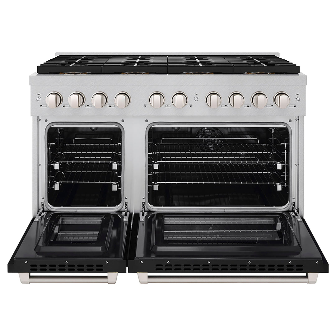 ZLINE 48 in. 6.7 cu. ft. Paramount Dual Fuel Range with 8 Burner DuoProâ„¢ Cooktop and Dual Ovens in Satin Stainless Steel with Black Matte Doors (PSDRS-BLM-48)