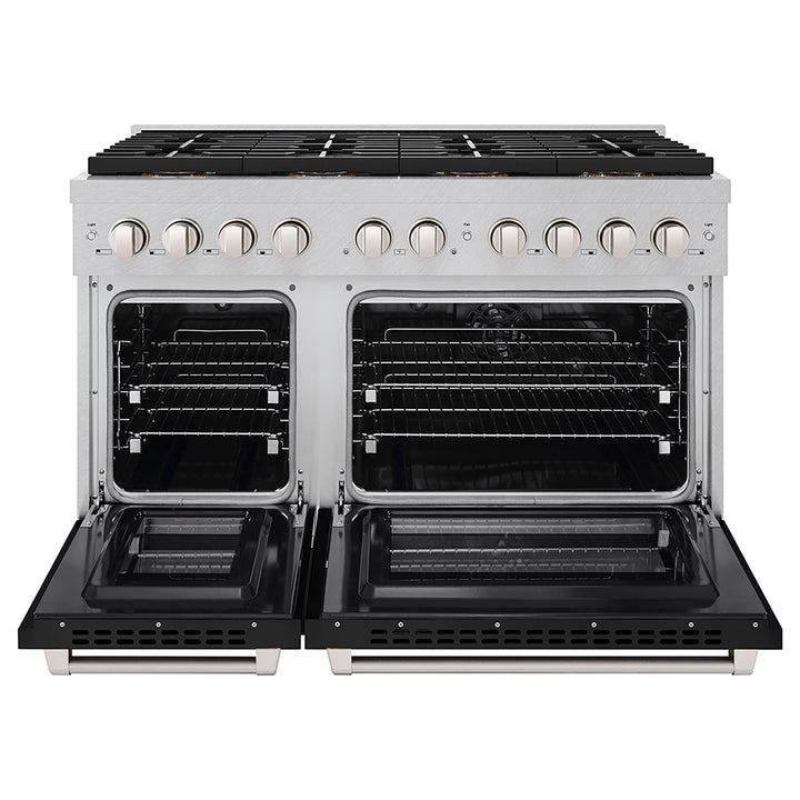 ZLINE 48 in. 6.7 cu. ft. Paramount Dual Fuel Range with 8 Burner DuoProâ„¢ Cooktop and Dual Ovens in Satin Stainless Steel with Black Matte Doors (PSDRS-BLM-48)