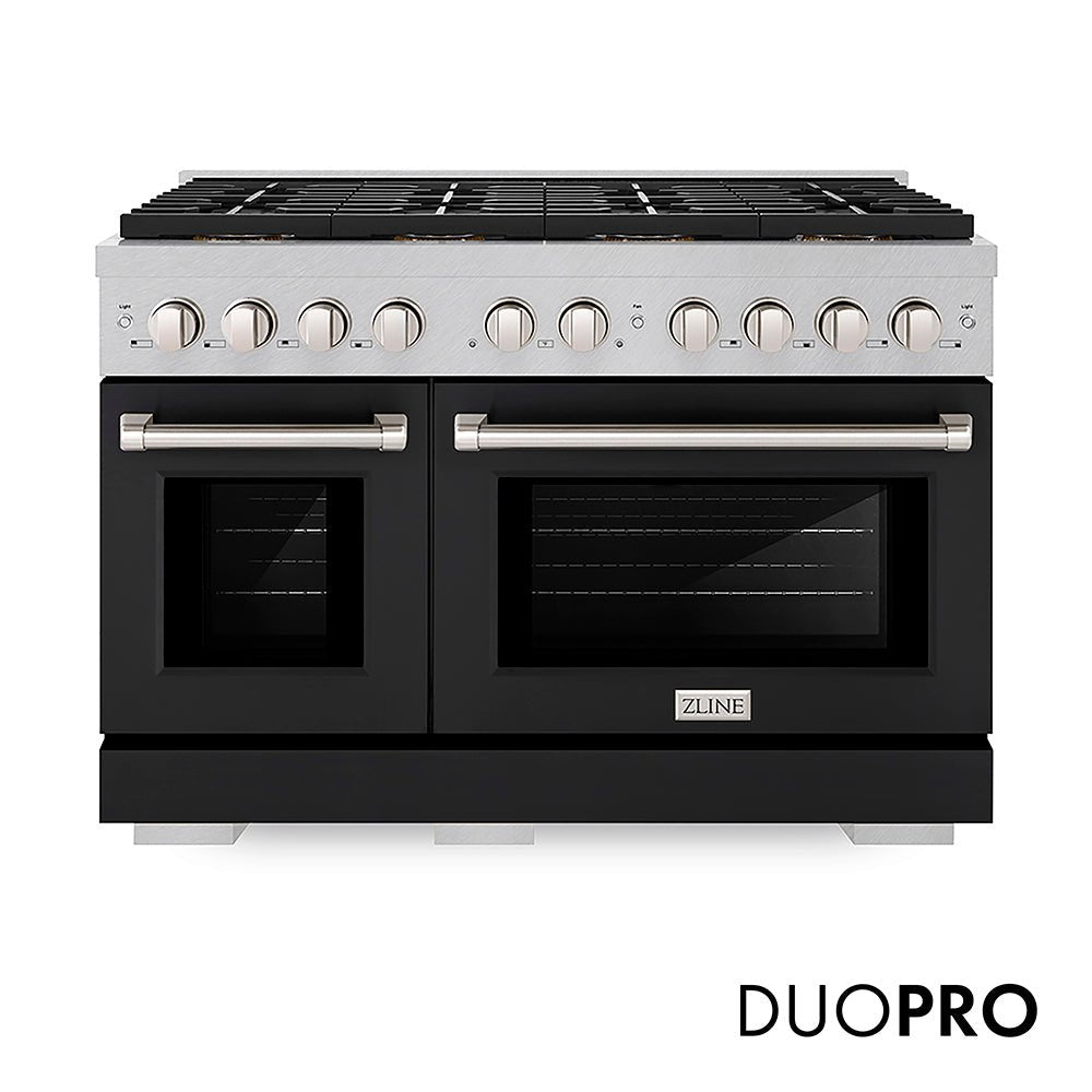 ZLINE 48 in. 6.7 cu. ft. Paramount Dual Fuel Range with 8 Burner DuoProâ„¢ Cooktop and Dual Ovens in Satin Stainless Steel with Black Matte Doors (PSDRS-BLM-48)
