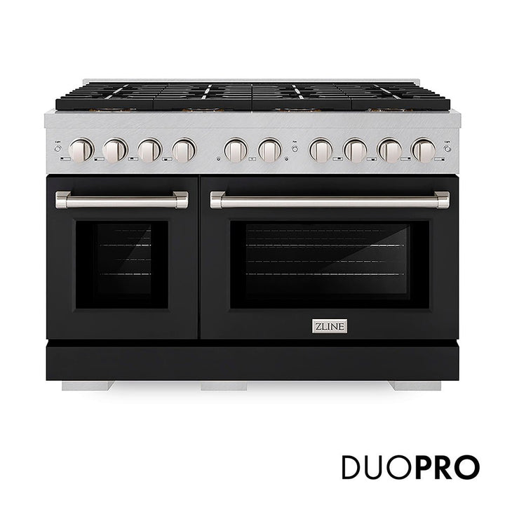 ZLINE 48 in. 6.7 cu. ft. Paramount Dual Fuel Range with 8 Burner DuoProâ„¢ Cooktop and Dual Ovens in Satin Stainless Steel with Black Matte Doors (PSDRS-BLM-48)