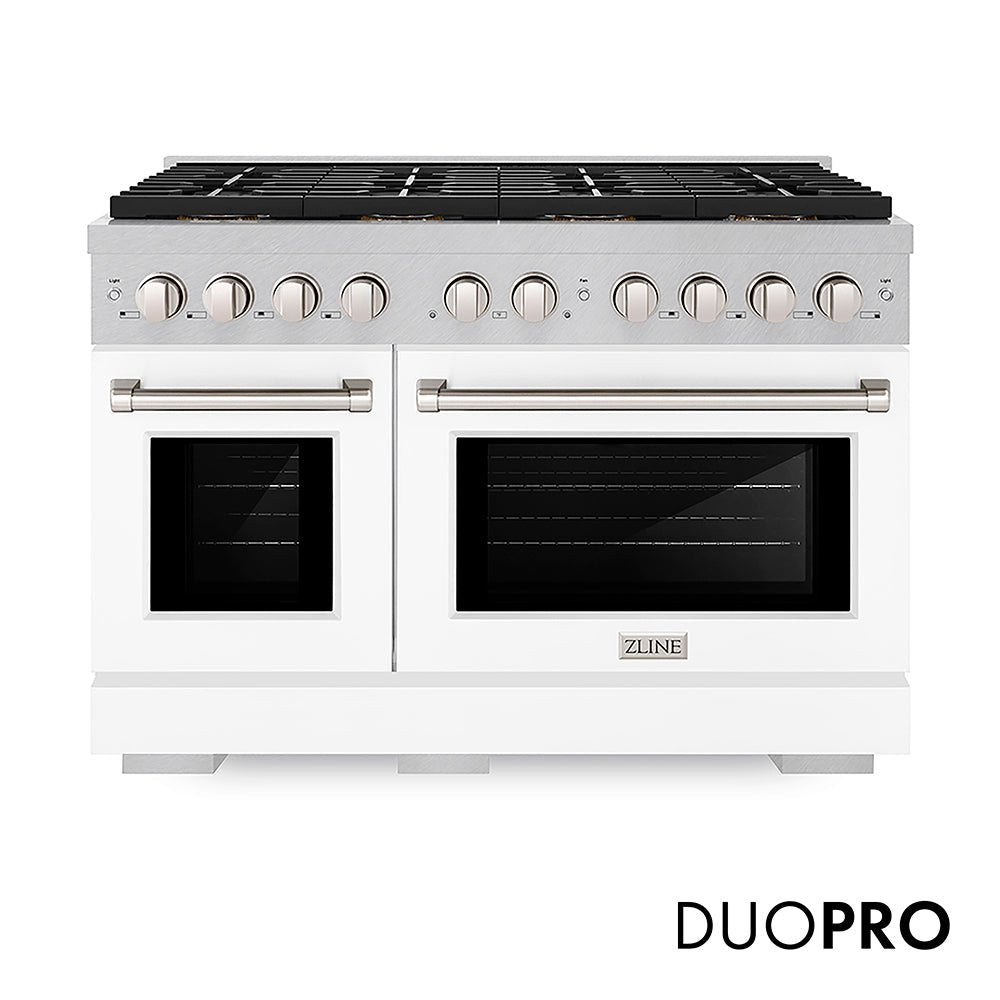 ZLINE 48 in. 6.7 cu. ft. Paramount Dual Fuel Range with 8 Burner DuoProâ„¢ Cooktop and Dual Ovens in Satin Stainless Steel with White Matte Doors (PSDRS-WM-48)